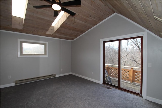 interior space featuring carpet, lofted ceiling, visible vents, a baseboard heating unit, and wood ceiling