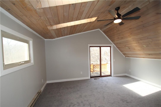 bonus room featuring a healthy amount of sunlight, carpet, wood ceiling, and vaulted ceiling