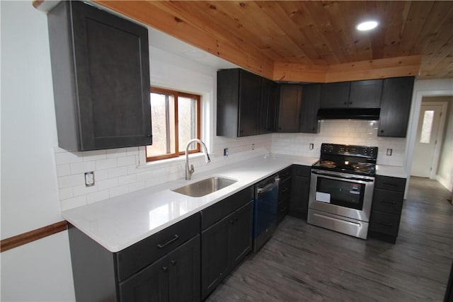 kitchen with wood ceiling, stainless steel appliances, light countertops, under cabinet range hood, and a sink