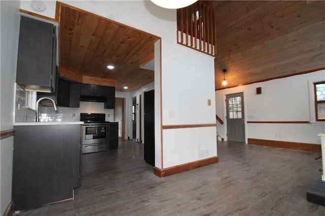 kitchen with wooden ceiling, light countertops, dark cabinetry, and stainless steel range with electric cooktop