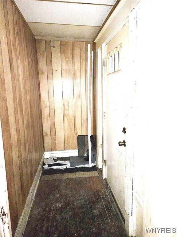 corridor with wooden walls and dark hardwood / wood-style flooring