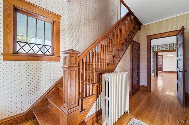 staircase featuring wood-type flooring, radiator heating unit, and ornamental molding