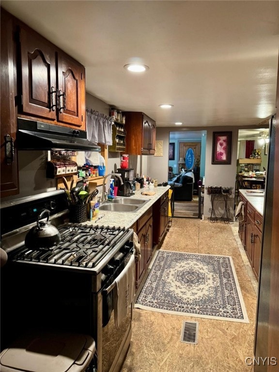 kitchen featuring gas stove, dark brown cabinetry, and sink