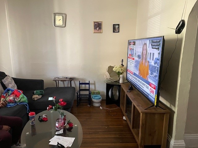 living room with dark hardwood / wood-style floors