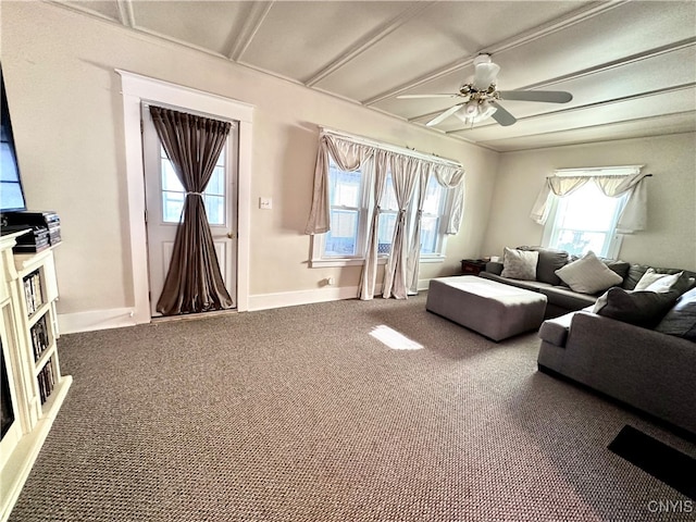 living room with carpet and ceiling fan