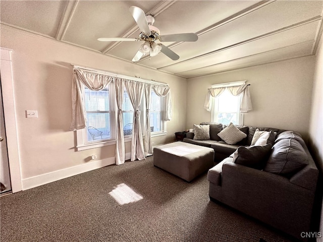 living room featuring carpet and ceiling fan