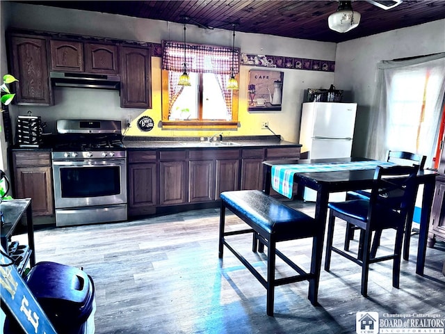 kitchen with white fridge, a healthy amount of sunlight, light wood-type flooring, and stainless steel range with gas stovetop