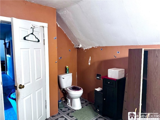 bathroom with toilet and vaulted ceiling