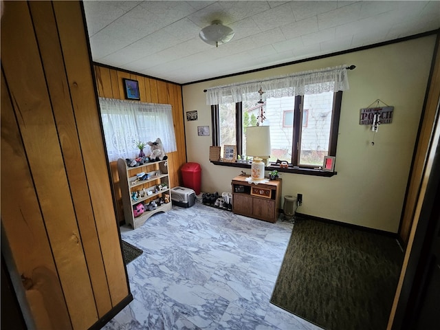 interior space with wood walls and crown molding