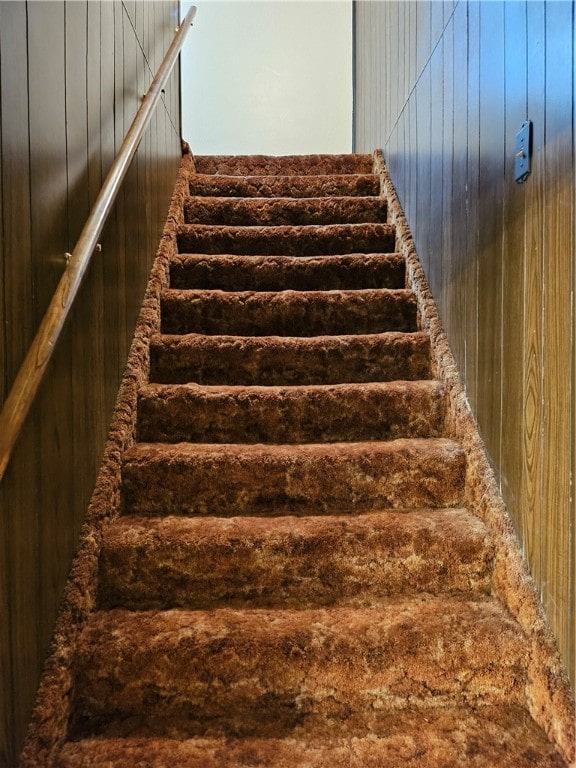 stairway with wood walls