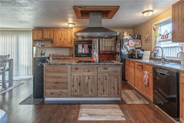 kitchen with island exhaust hood, sink, black appliances, and dark hardwood / wood-style floors