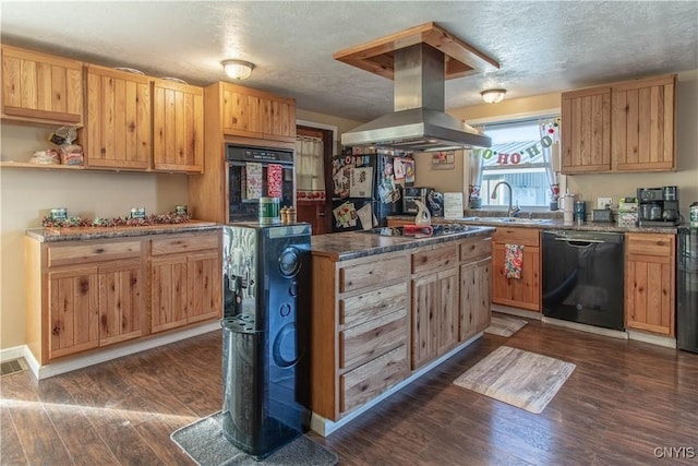 kitchen with island exhaust hood, a textured ceiling, dark wood-type flooring, sink, and black appliances