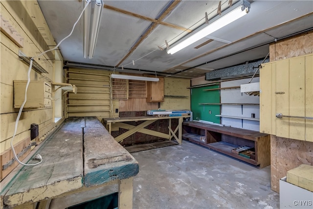 basement with a workshop area