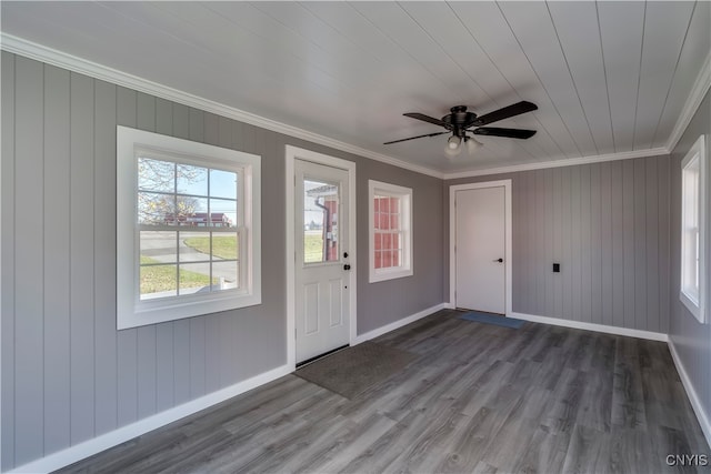 foyer entrance featuring ceiling fan, ornamental molding, and dark hardwood / wood-style floors