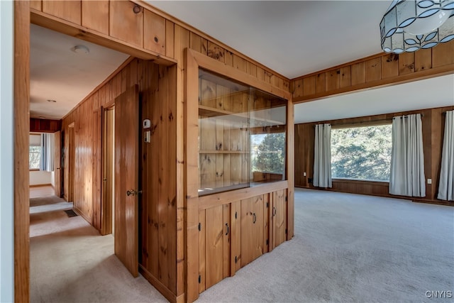 hall featuring a healthy amount of sunlight, light carpet, and wood walls