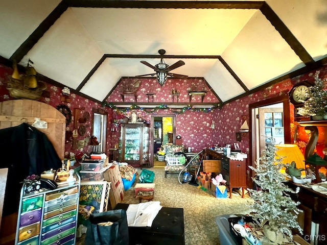 miscellaneous room with carpet flooring, vaulted ceiling, plenty of natural light, and ceiling fan