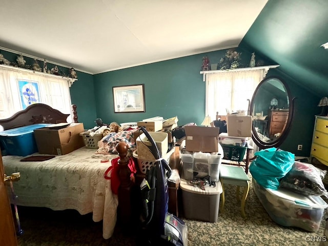 bedroom featuring carpet flooring and vaulted ceiling