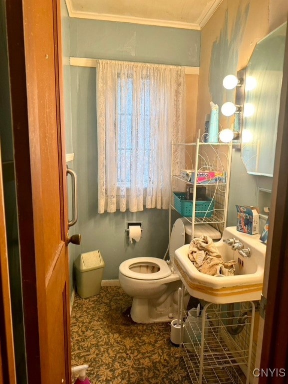 bathroom with toilet and crown molding