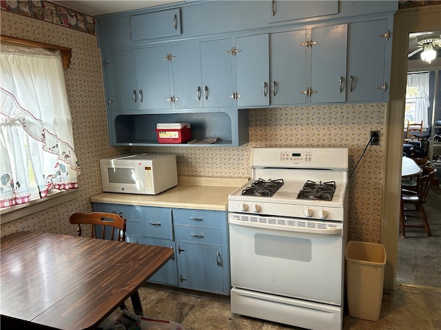 kitchen with white appliances and blue cabinets