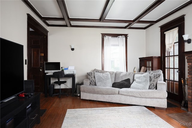 living room featuring dark hardwood / wood-style flooring, a healthy amount of sunlight, and coffered ceiling