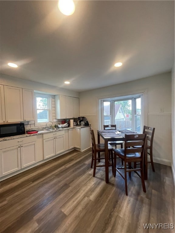 dining area with sink, dark wood-type flooring, and a wealth of natural light