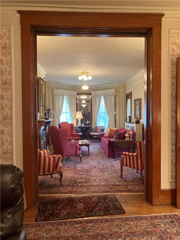 living room with crown molding