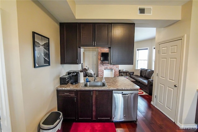 67 Harvard Pl, Buffalo, NY 14209 - kitchen with dark brown cabinetry, stainless steel dishwasher, dark wood-type flooring, and sink