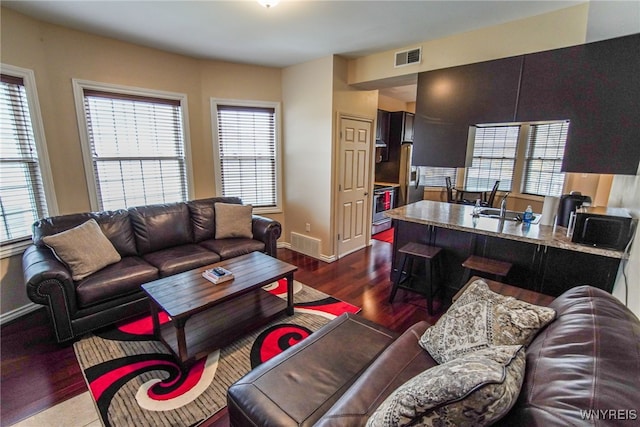 67 Harvard Pl, Buffalo, NY 14209 - living room with dark hardwood / wood-style floors, a wealth of natural light, and sink