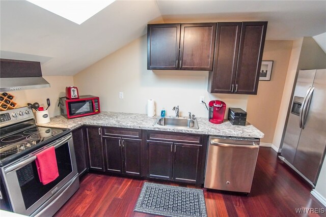 67 Harvard Pl, Buffalo, NY 14209 - kitchen with sink, dark wood-type flooring, stainless steel appliances, ventilation hood, and lofted ceiling