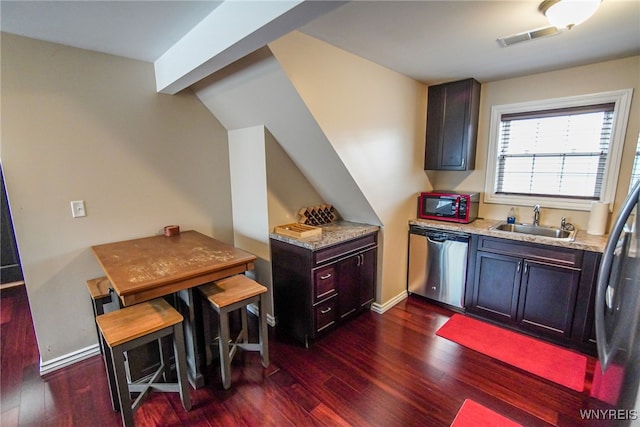67 Harvard Pl, Buffalo, NY 14209 - kitchen featuring sink, light stone counters, dark hardwood / wood-style flooring, beamed ceiling, and stainless steel dishwasher