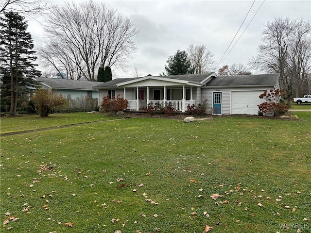 ranch-style house with a front lawn, covered porch, and a garage