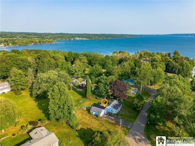 drone / aerial view with a water view
