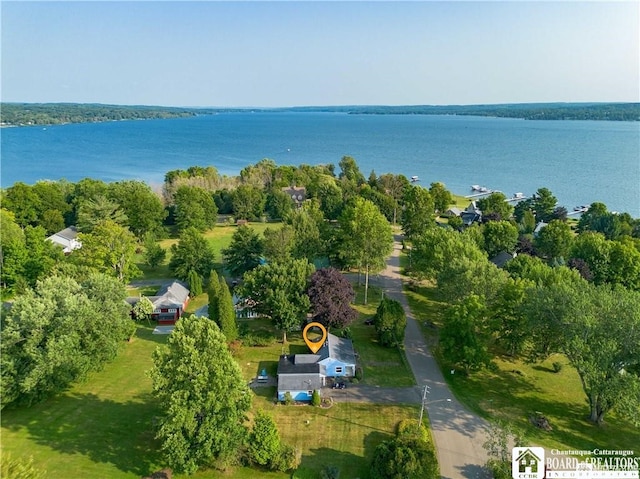 drone / aerial view featuring a water view