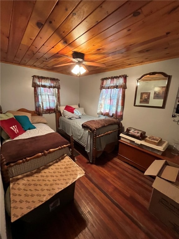 bedroom featuring ceiling fan, dark hardwood / wood-style flooring, wood ceiling, and multiple windows