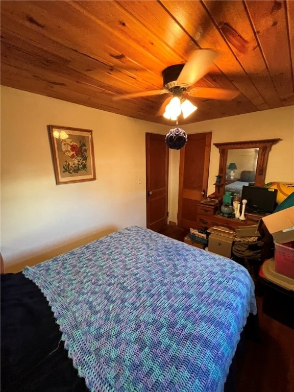 bedroom featuring ceiling fan and wood ceiling