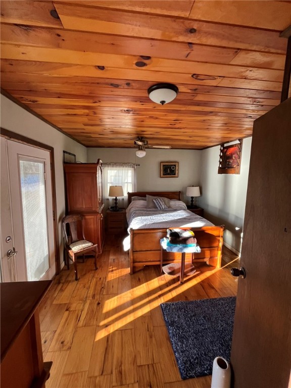 bedroom with light hardwood / wood-style floors and wooden ceiling