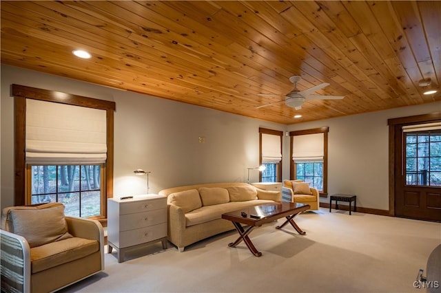 2773 S Shore Rd, Webb, NY 13420 - living area with wooden ceiling, carpet flooring, a ceiling fan, recessed lighting, and baseboards