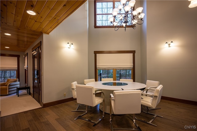 dining area with dark hardwood / wood-style floors, wooden ceiling, a high ceiling, and an inviting chandelier