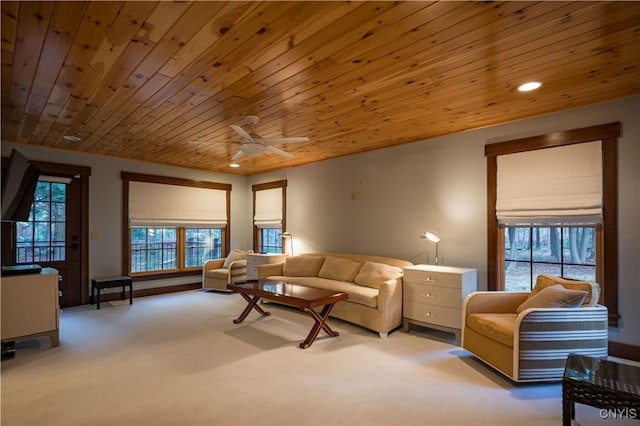 2773 S Shore Rd, Webb, NY 13420 - living room featuring light carpet, wooden ceiling, a ceiling fan, and recessed lighting