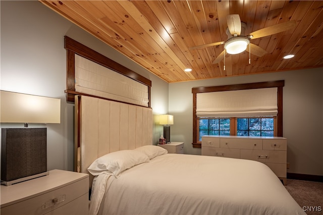 bedroom featuring carpet flooring, ceiling fan, and wooden ceiling