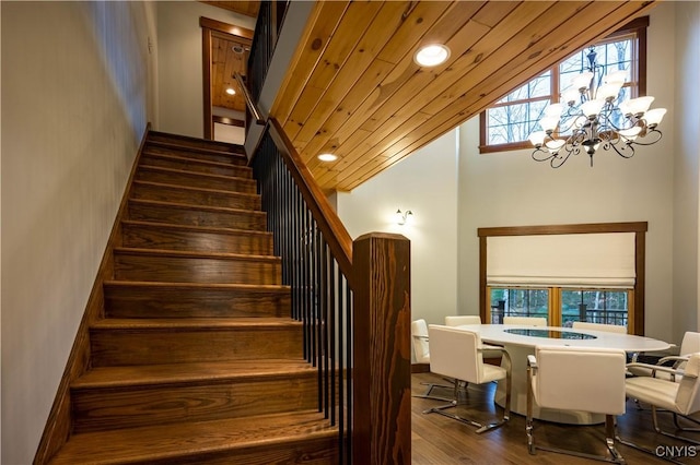 2773 S Shore Rd, Webb, NY 13420 - staircase with a chandelier, wood finished floors, and high vaulted ceiling