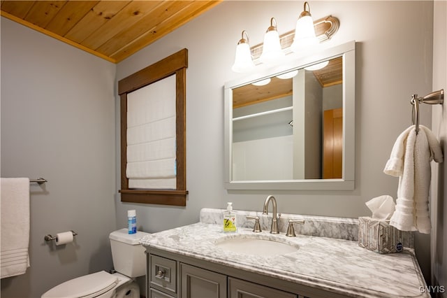 bathroom featuring vanity, toilet, and wooden ceiling