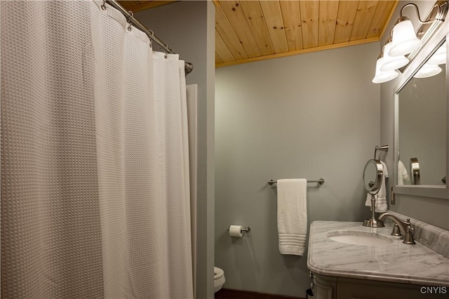 2773 S Shore Rd, Webb, NY 13420 - bathroom with wood ceiling, toilet, vanity, and curtained shower
