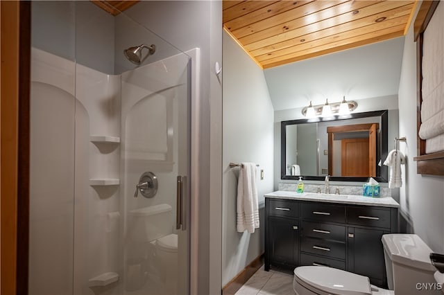 bathroom featuring an enclosed shower, vanity, wooden ceiling, and lofted ceiling