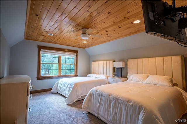 2773 S Shore Rd, Webb, NY 13420 - bedroom featuring vaulted ceiling, carpet floors, baseboards, wood ceiling, and ceiling fan