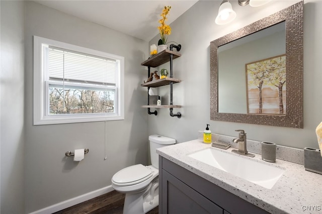 bathroom with vanity, wood-type flooring, and toilet