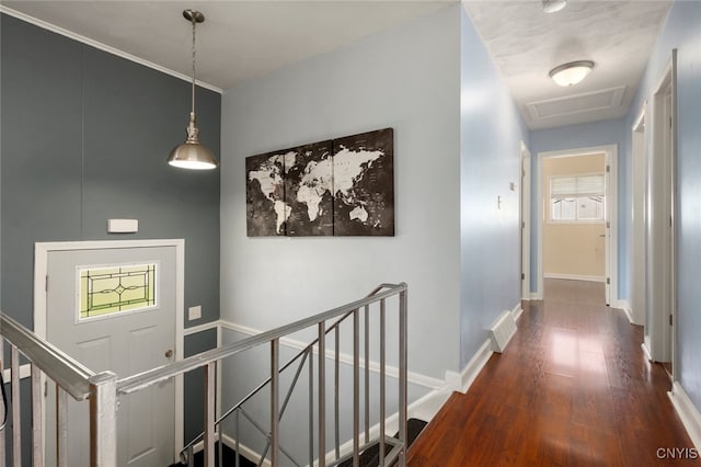 hallway with dark hardwood / wood-style flooring