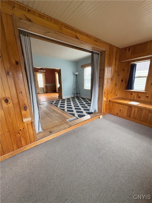 interior space featuring carpet flooring and wood walls