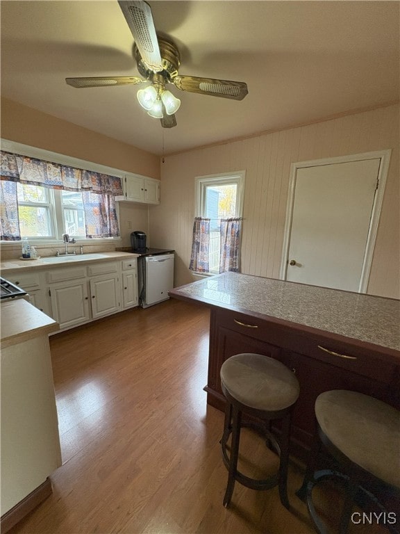 kitchen with ceiling fan, light hardwood / wood-style floors, white cabinetry, and sink