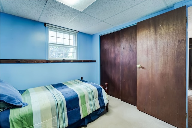 carpeted bedroom featuring a drop ceiling